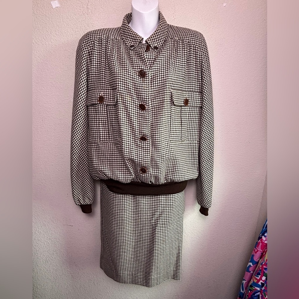 Vintage Valentino Brown Cream Houndstooth Skirt & Bomber Sweater Set 46 M L